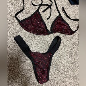 Sequin Embellished Black & Red  Thong Set